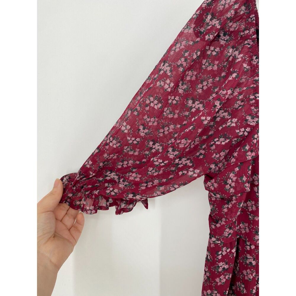 Trixxi Floral Print Burgundy Dress Puff Sleeves Womens Size Large